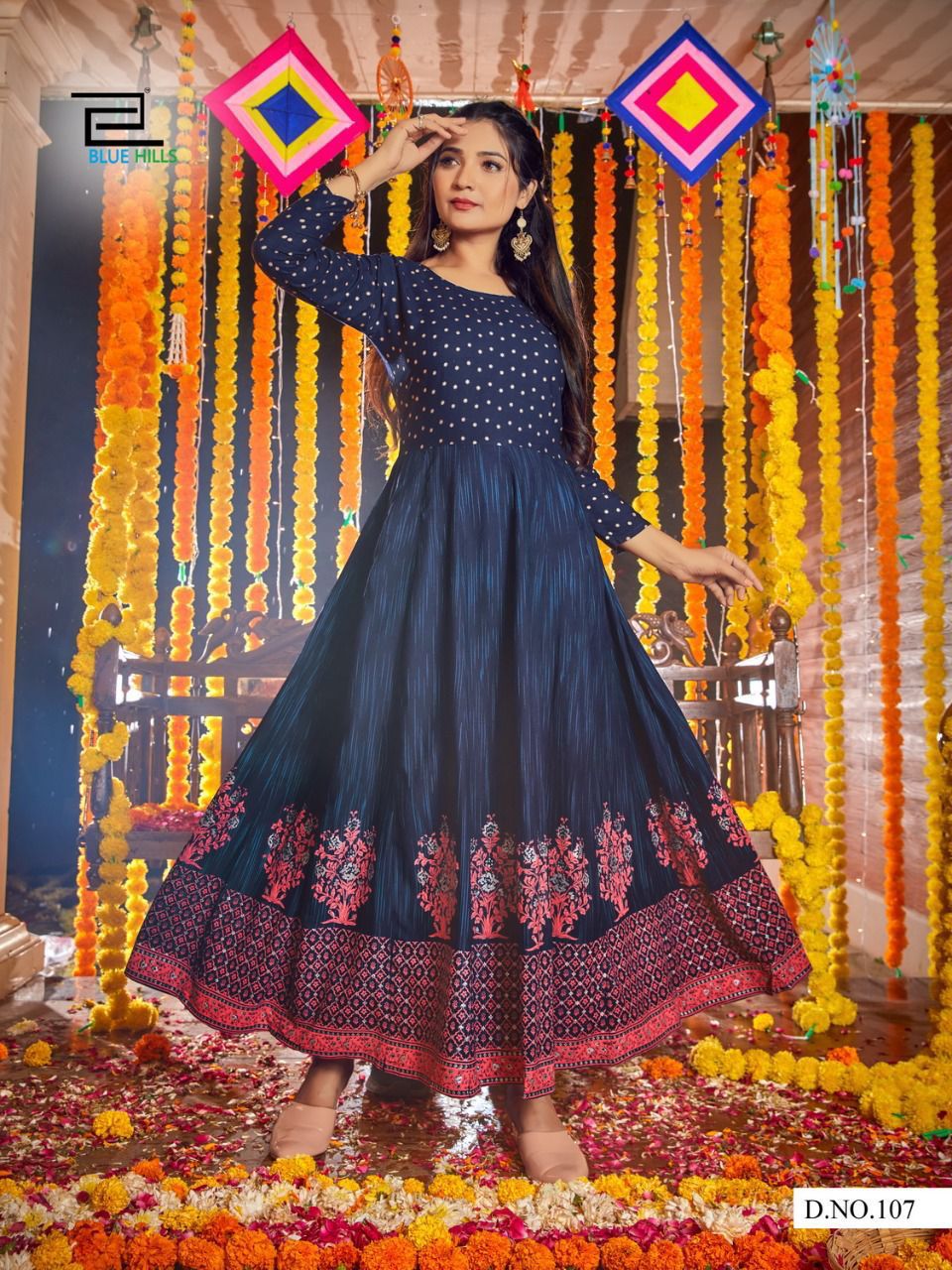 Blue Hills Diwali Night Festive Wear Rayon Printed  Anarkali Long Kurti Collection